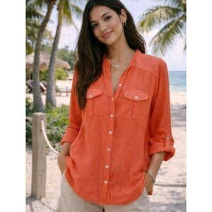 Womens Lace Detail Blouse Roll Tab Casual Lightweight Beachy XL Coral-Orange